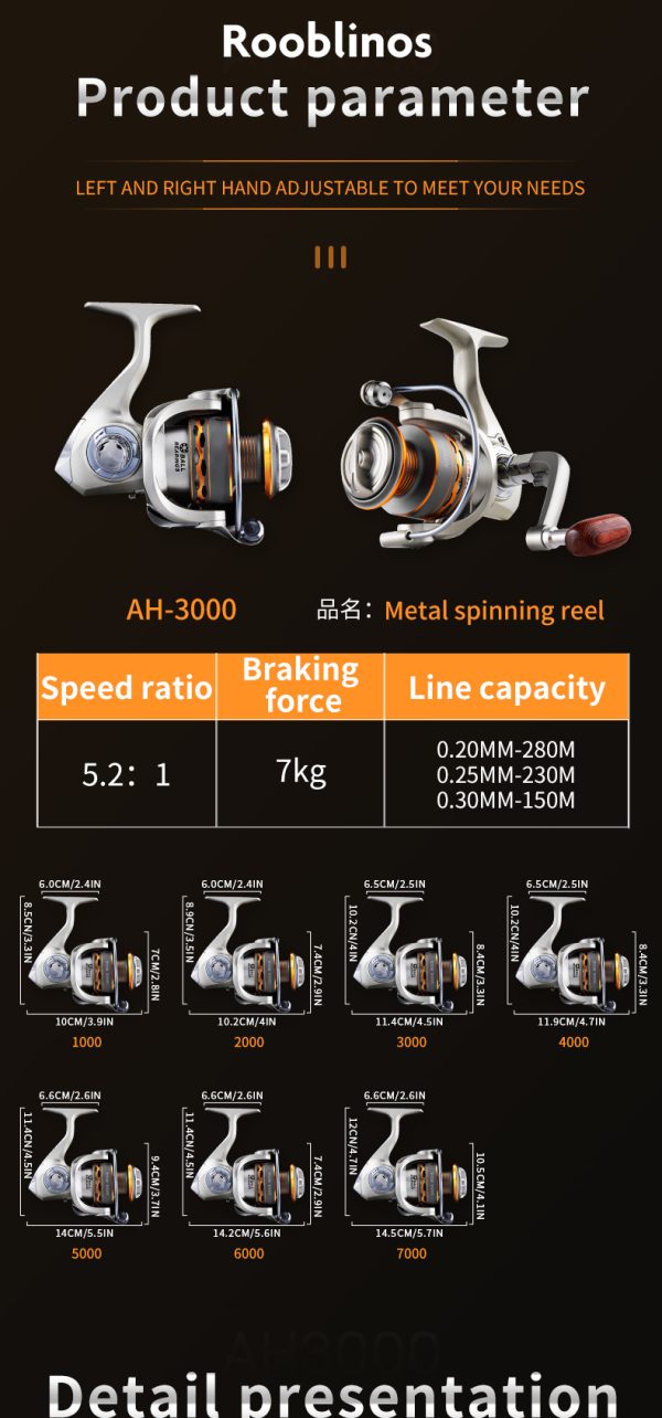 AH Fishing Reel 5.2:1 Gear Ratio 2000/3000/4000/5000/6000/7000 Series Anti-Reverse Ball Bearings Ultralight 17.6 lbs CNC Aluminum Includes Monofilament Line Crappie or Catfish Reversible - Image 14